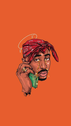 Tupac Shakur插圖，金色眼淚和紅色頭巾，橙色背景