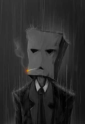 雨中無臉人物，身穿西裝，抽著發光餘燼的香煙。