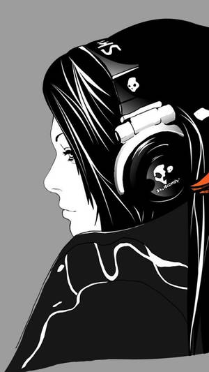 黑白插圖中戴著Skullcandy耳機的動漫女孩。