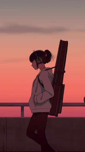 戴著耳機和大提琴盒的動漫女孩在夕陽下漫步。