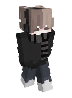 像素化Minecraft角色，棕色頭髮，黑色服裝，站立。