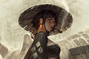 戴紅色眼鏡和雨傘的女子在雨中城市小巷行走