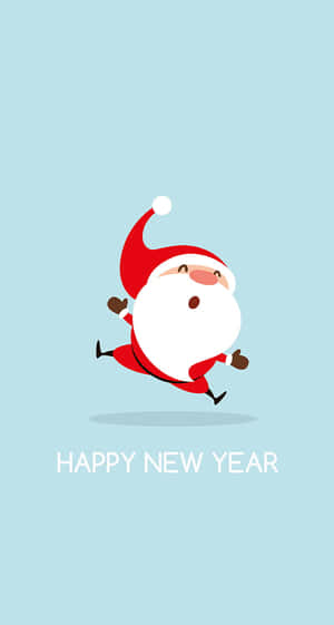 聖誕老人在藍色背景上跳躍，帶有「Happy New Year」文字。