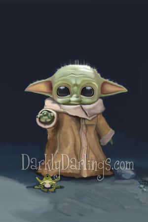 穿著長袍的 Baby Yoda 與附近的小青蛙在深色背景上。