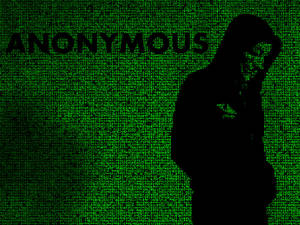在數位代碼背景中，一個戴著連帽的人物剪影，帶有「ANONYMOUS」文字。