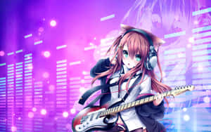 戴著貓耳的動漫女孩在發光的紫色音樂主題背景中彈奏電結他。 — Steam Deck 壁紙