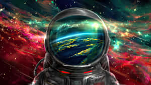 太空人頭盔映照出地球與色彩繽紛的宇宙星雲。 — Astroworld GIF 壁紙