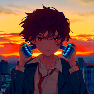 動畫青少年在日落城市天際線前拿著發光的耳機。 — 藝術 壁紙