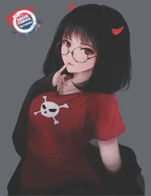 紅角戴眼鏡的動漫女孩，穿著紅色骷髏襯衫，手指放在嘴唇上。