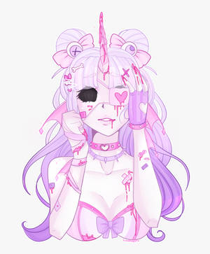 動漫女孩，紫色頭髮和獨角獸角，戴著粉紅色心形飾品，液體滴落。