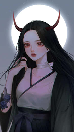 滿月下長著紅色角和玫瑰紋身的動漫女孩。