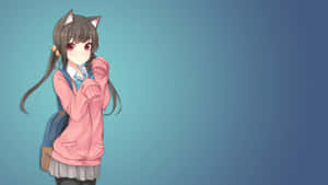 有貓耳的動漫女孩，穿著粉紅色連帽衫和校服，藍色背景