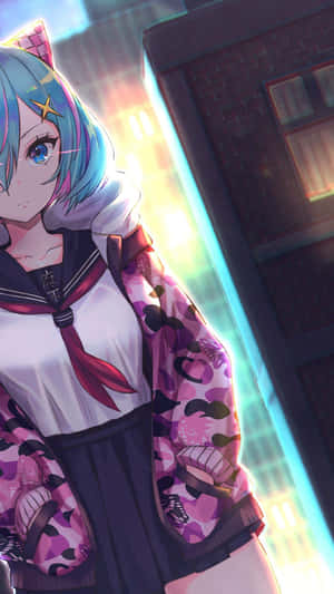 藍髮動漫少女穿著水手服在霓虹雨中城市小巷。 — 學校 壁紙