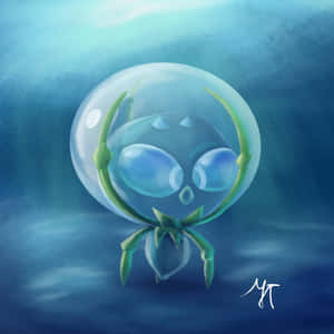 一個可愛的外星人在泡泡裡，有綠色藤蔓，漂浮在水下。 — 電腦 GIF 壁紙