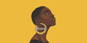 一位自信的黑人女性側面，戴著刻有「Grown」字樣的大圈耳環。