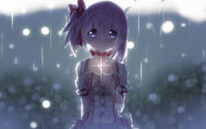 紫發動漫女孩在雨中拿著發光的心