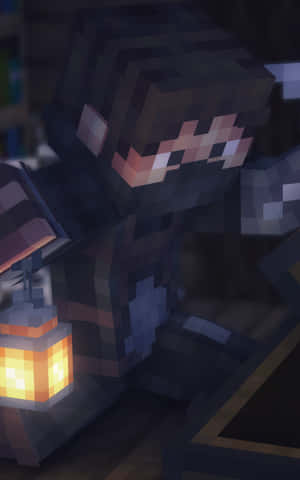 Minecraft角色穿著暗色盔甲，在昏暗的房間裡拿著發光的燈籠。 — Realme Pad 壁紙