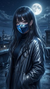 年輕女性穿著黑色皮夾克和藍色口罩，夜晚站在城市屋頂上，滿月下