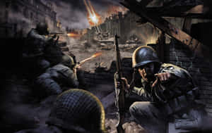 士兵在燃燒的城市戰場上從瓦礫中發射步槍。 — 1280x800 壁紙