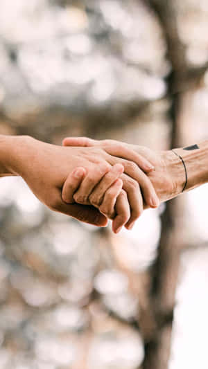 兩隻手在森林環境中緊緊相握。