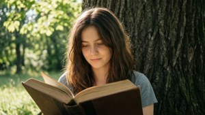 年輕女子在陽光明媚的公園樹下看書。