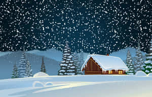 被雪覆蓋的小屋，在冬夜的星空下散發溫暖的燈光。