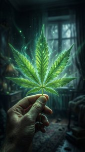 手在黑暗神秘房間中拿著發光大麻葉