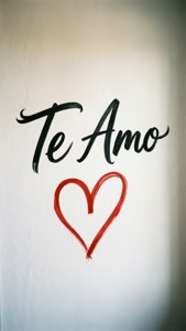 牆壁上以黑色手寫字體繪有 'Te Amo' 和紅色心形。