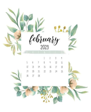 2023年2月月曆，帶有花卉水彩邊框。