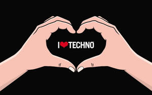 兩隻手形成一個心形，裡面有文字「I ❤️ TECHNO」。