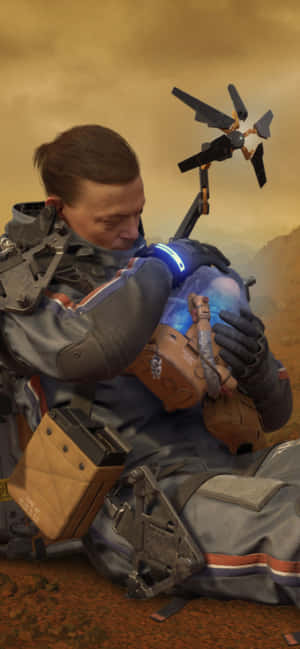 士兵在橙色天空下的外星沙漠中懷抱發光機械人 — POCO M 壁紙