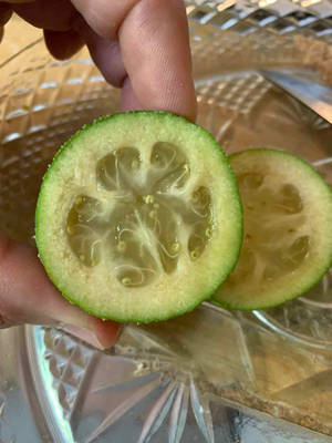 手拿著一片切開的青檸，放在裝飾玻璃碟上。 — 水果 壁紙