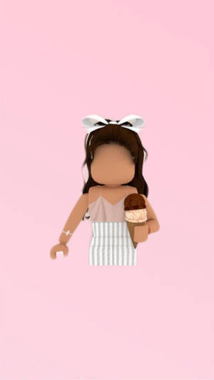 戴蝴蝶結的Roblox女孩在粉紅背景上拿著雪糕筒 — 奶油色美學 壁紙