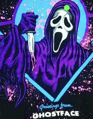 Ghostface 身穿紫色長袍，手持血淋淋的刀，搭配霓虹藍心形和粉紅色飛濺。 — 鬼滅之刃面具 壁紙