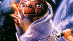 E.T. 外星人在地球附近的太空中拿著發光的手指和打蛋器。 — 太空 壁紙