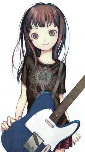 動漫女孩，棕色頭髮，大眼睛，拿著一把藍色電結他。 — 可愛動漫女仔 壁紙