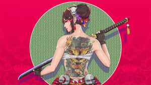 動漫女戰士帶有龍紋身，手持武士刀，背景為紅綠圖案。