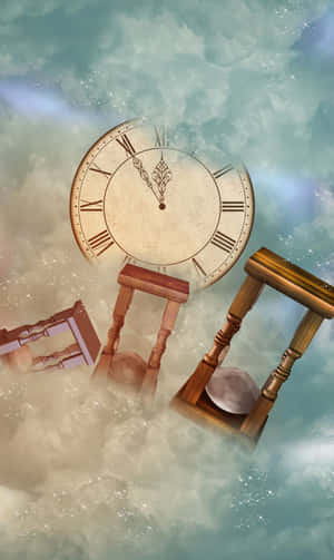 在夢幻般的雲層天空中漂浮的時鐘和沙漏，帶有閃爍的粒子。