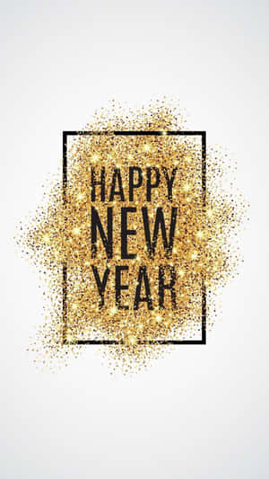 黑色正方形框內有金色閃粉爆發的黑色新年快樂文字。