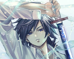 動畫男孩手持發光劍，周圍水花飛濺。 — 武士Champloo 壁紙