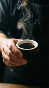在黑暗環境中，一隻手拿著一杯冒煙的黑咖啡。