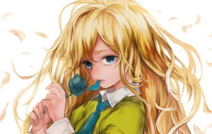 金髮動漫女孩手持藍玫瑰，周圍有飄落的秋葉。
