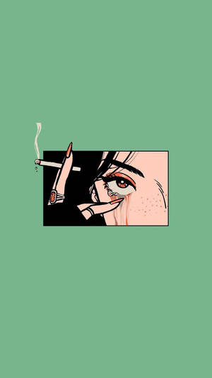 動漫風格特寫，一隻眼睛在綠色背景前拿著冒煙的香煙。