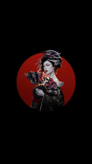 藝妓在黑色背景的紅色圓圈中手持骷髏扇子。