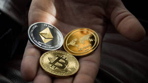 三個實體加密貨幣硬幣放在張開的手中。 — 加密貨幣 壁紙