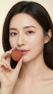 女性在柔和米色背景中將荔枝靠近嘴唇