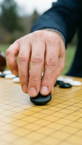 手部在戶外木製棋盤上放置黑色圍棋子