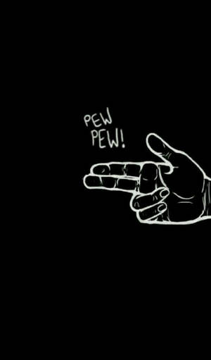 黑色背景上帶有白色「PEW PEW!」文字的手勢。