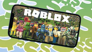 智能手機顯示 Roblox 遊戲，方塊頭像在綠色塗鴉背景上。