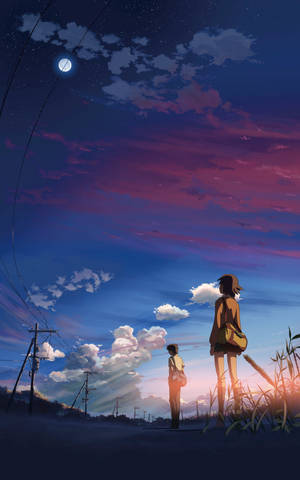 兩個動漫人物仰望月光下的暮色天空，紫色雲彩。 — 手機 壁紙
